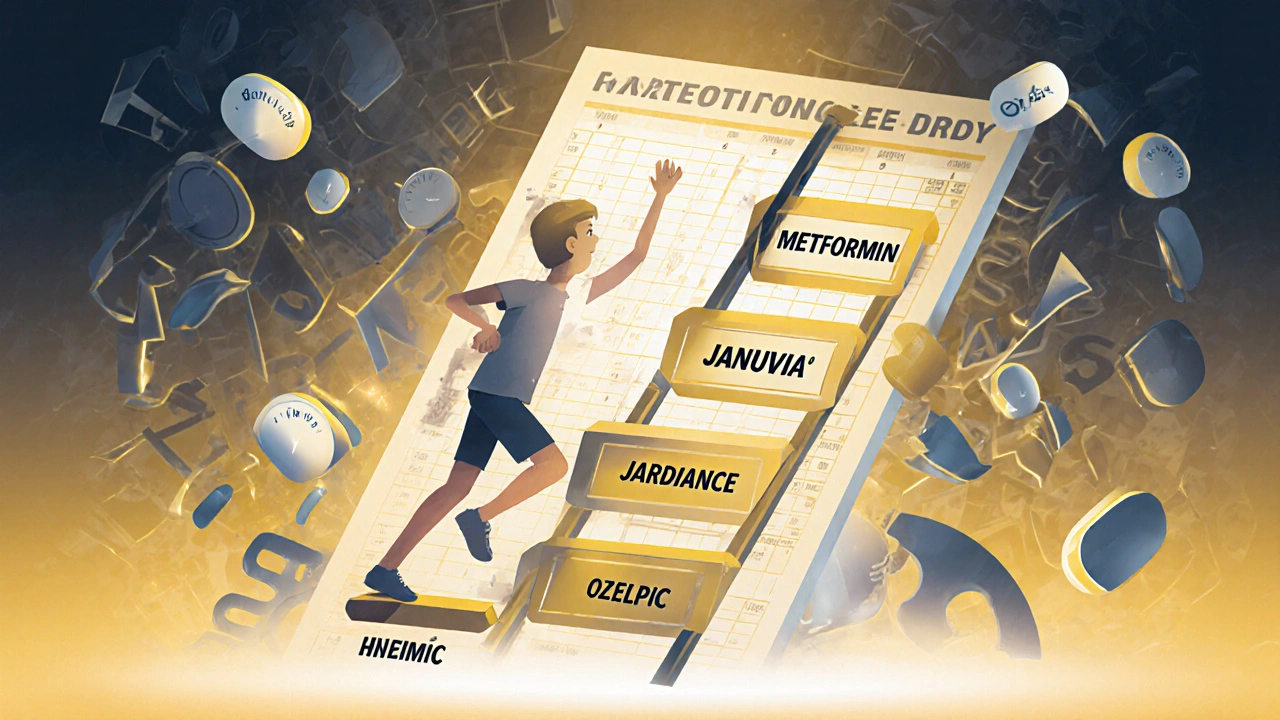 A person climbing a medical treatment ladder made of diabetes drugs, dropping side effect pills as they ascend.