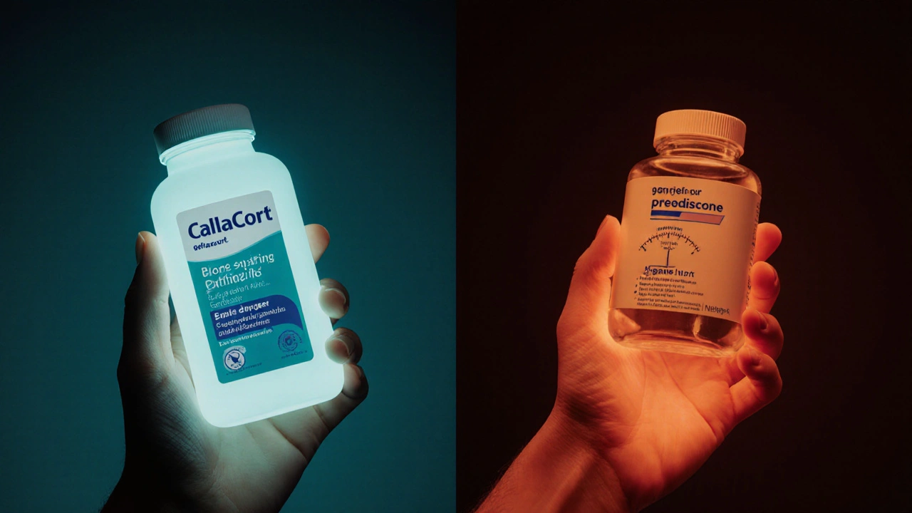 Calcort bottle with rising bone graphic versus prednisone bottle with weight scale.