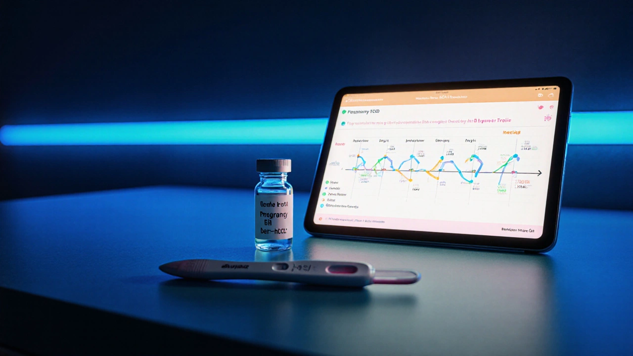 Clinic countertop with urine test, blood vial, and tablet timeline of early pregnancy detection.