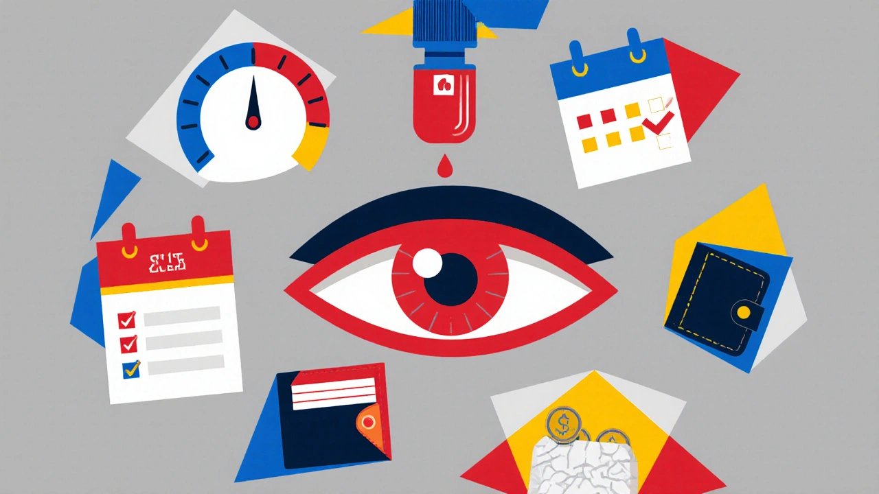Collage of an eye receiving a drop surrounded by icons for severity, IOP, schedule, cost and insurance.