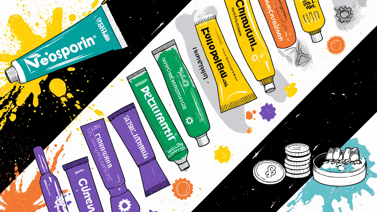 Collage of various ointment tubes with icons for spectrum, resistance, and cost in constructivist design.