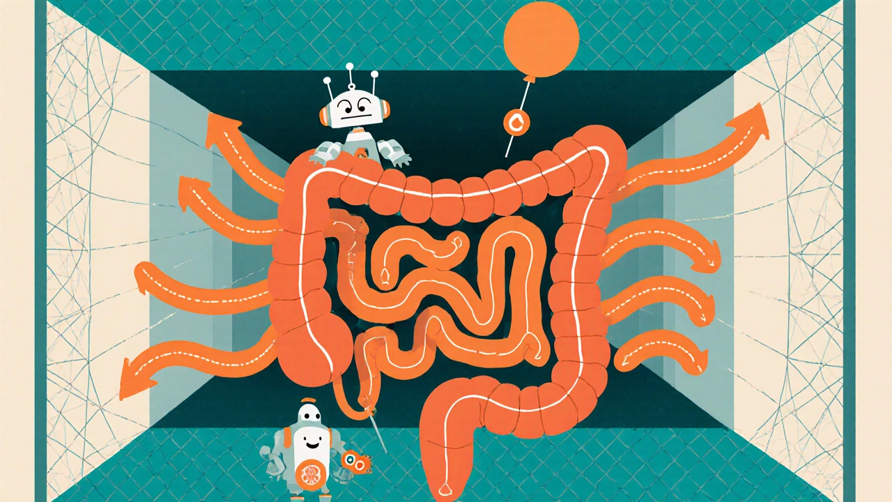 Cross‑section of colon with peristaltic arrows and hormone characters adjusting waves.