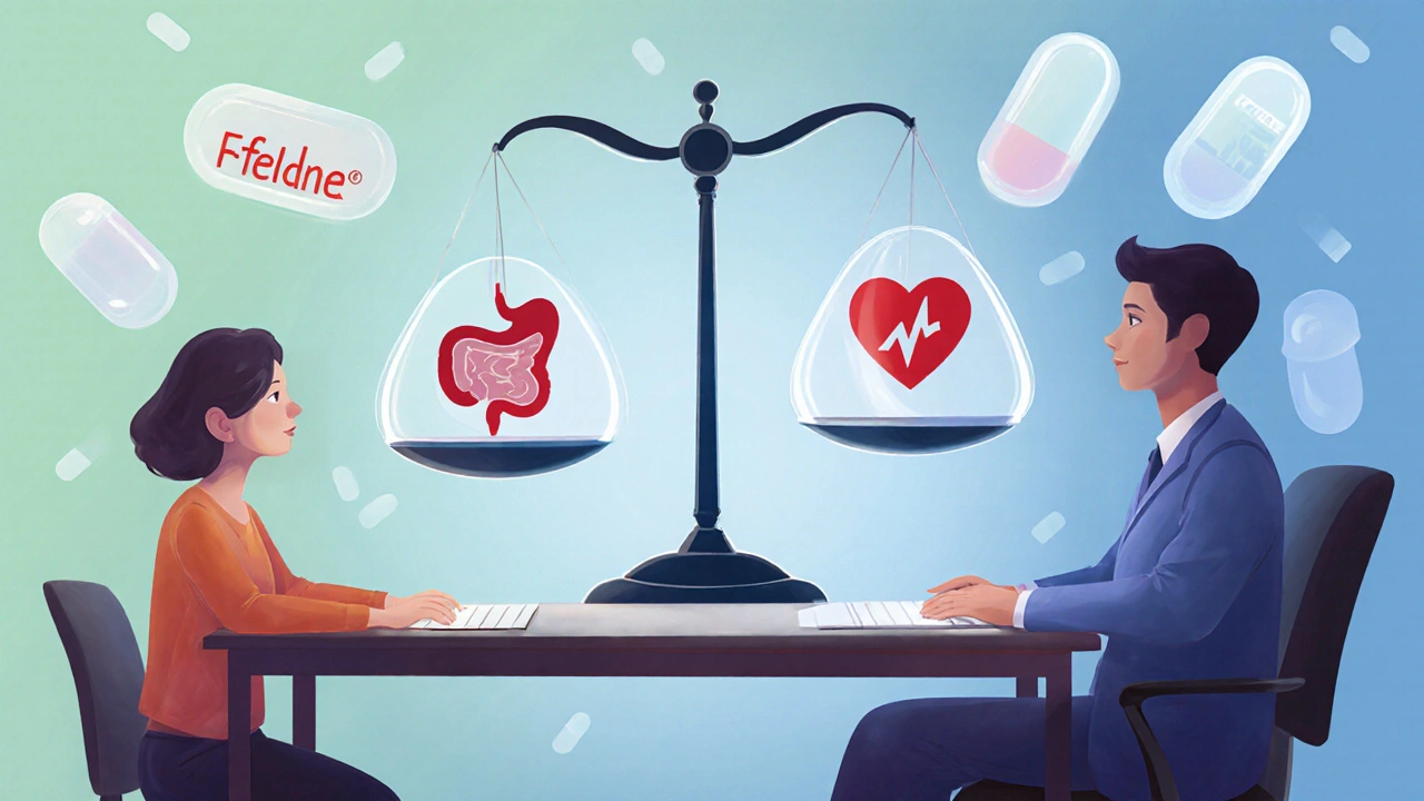 Digital illustration of a doctor and patient weighing stomach and heart risk icons.