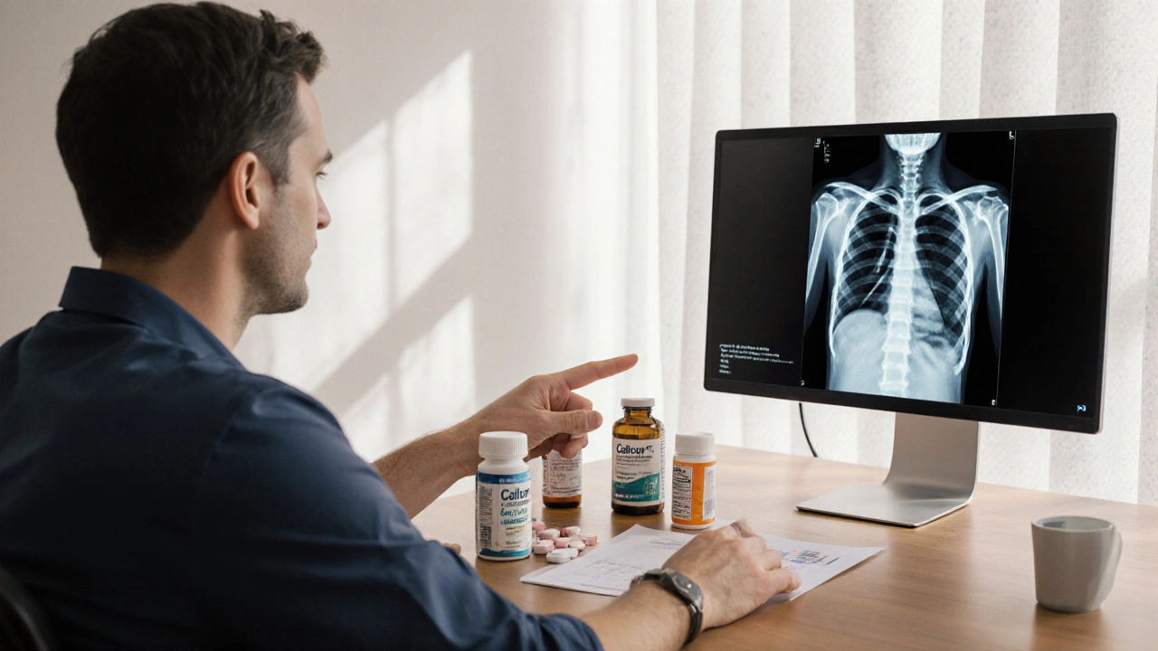 Doctor and patient reviewing medication bottles and a bone scan on a monitor.