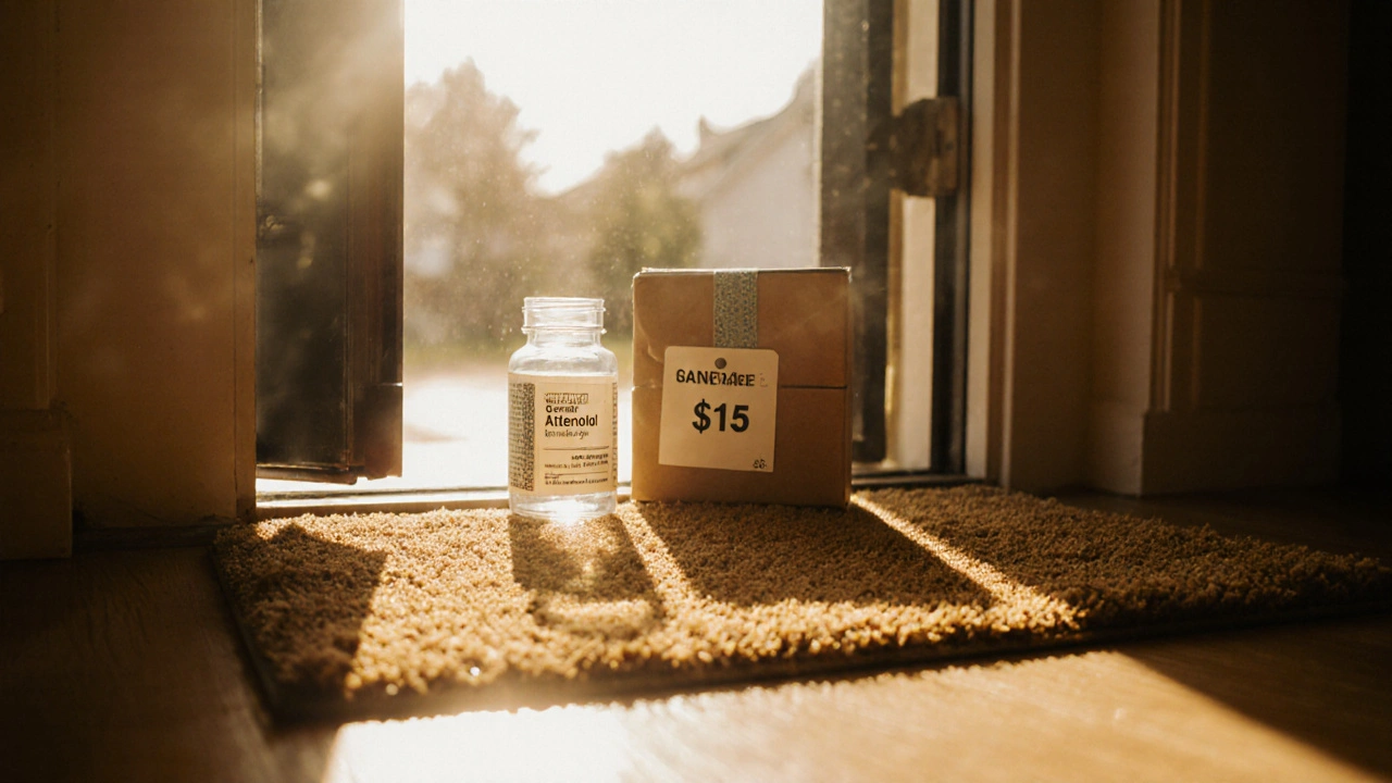 Doorstep parcel with generic atenolol bottle and price tag indicating lower cost than brand.