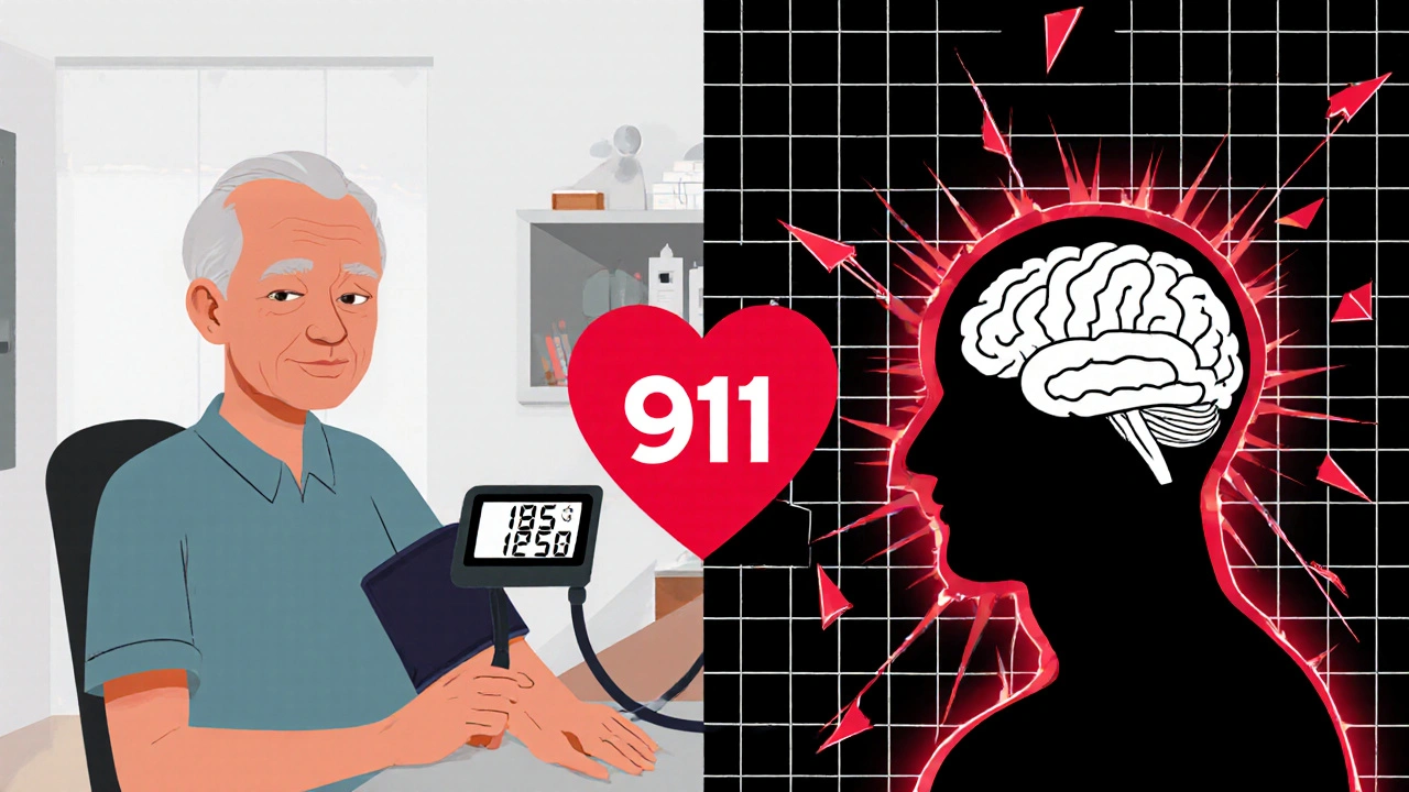 Elderly person checking high blood pressure as their body fractures into crimson shards.