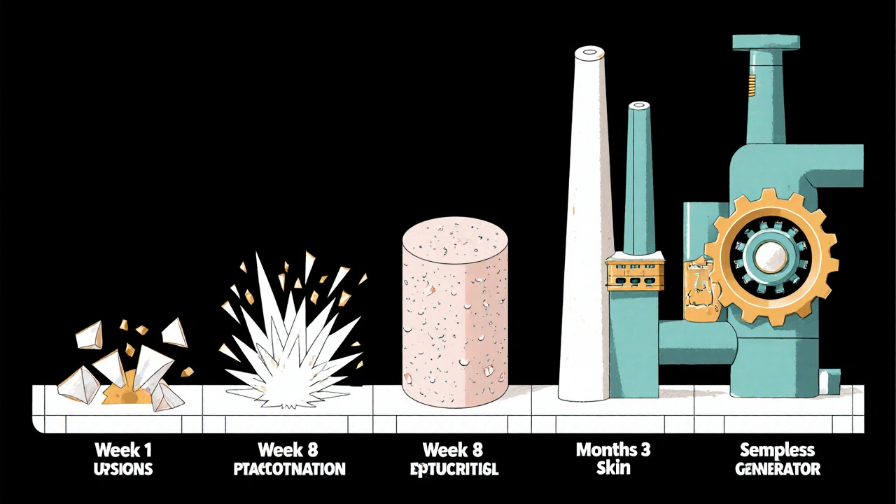 Factory-style timeline showing skin cell transformation from flaking to smooth texture through mechanical processes.