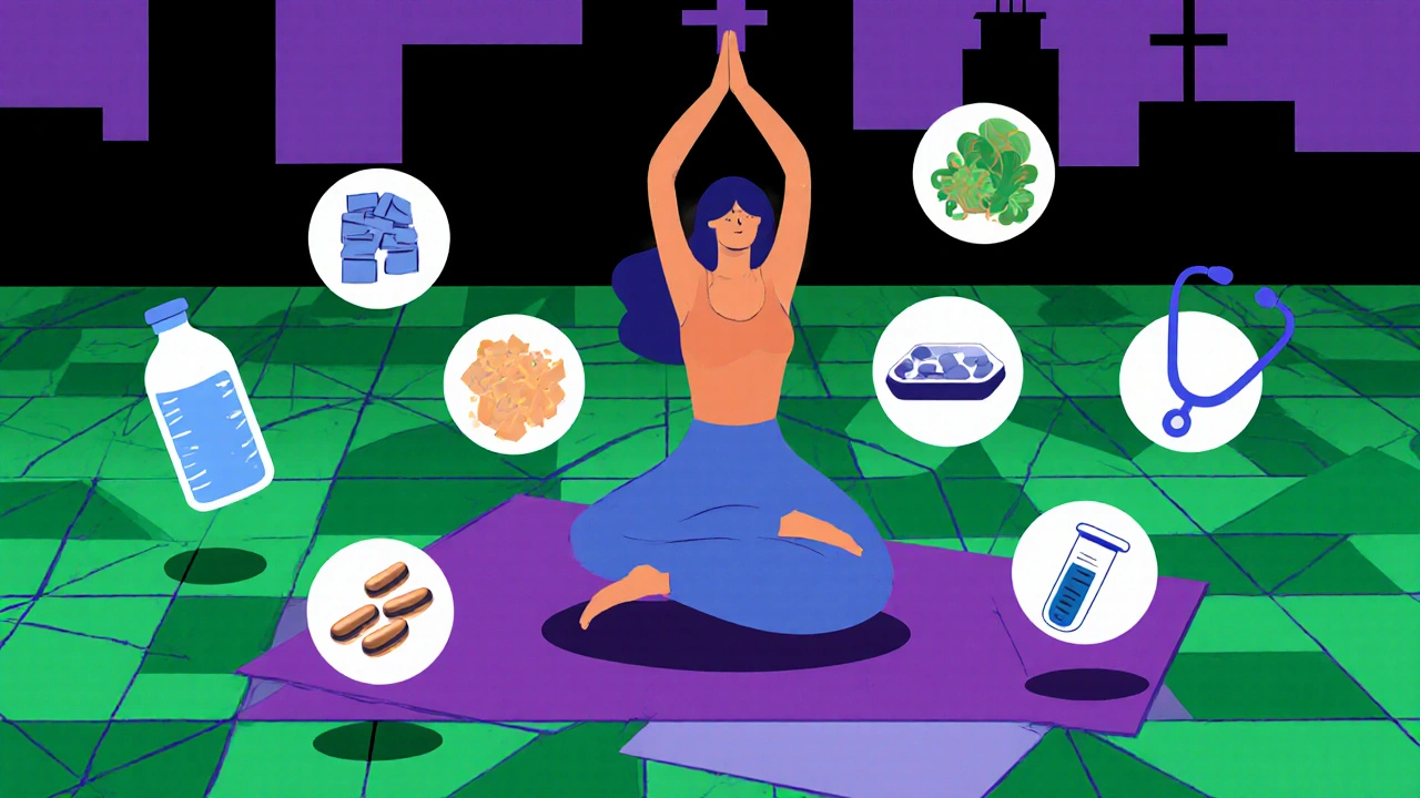 Figure doing yoga with water, fiber, supplements, and medical icons in a geometric setting.