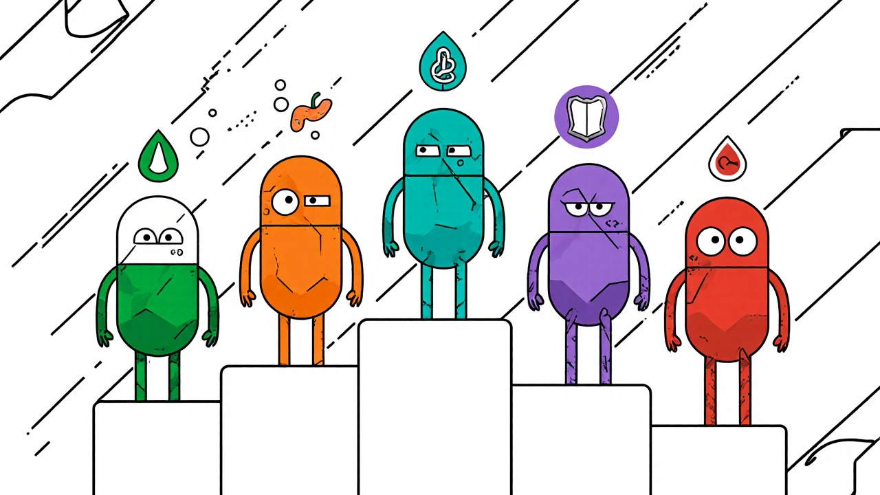 Five drug characters with icons showing side‑effects for Miglitol, Acarbose, Voglibose, Sitagliptin, Empagliflozin.