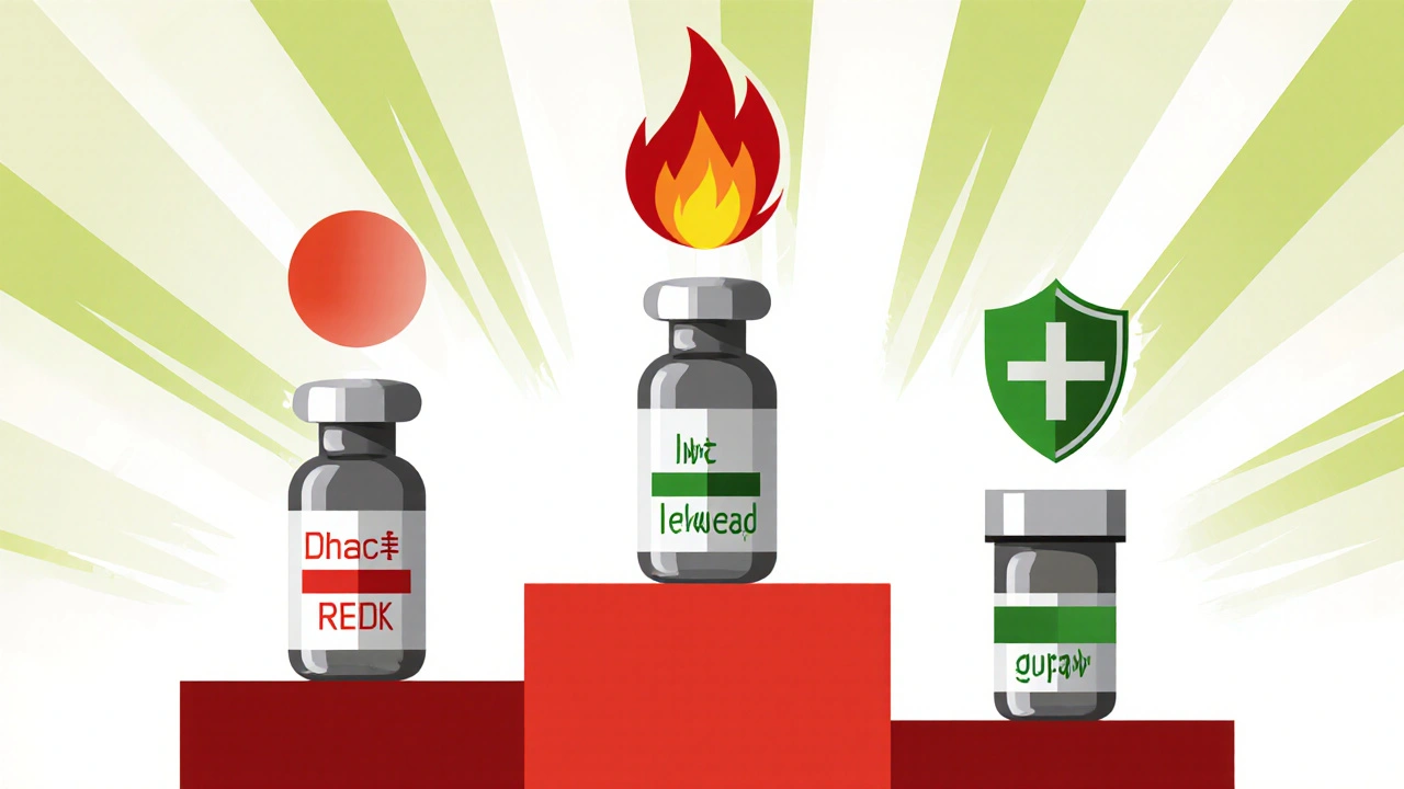 Five drug icons on stepped platforms illustrating varying cancer risk levels.