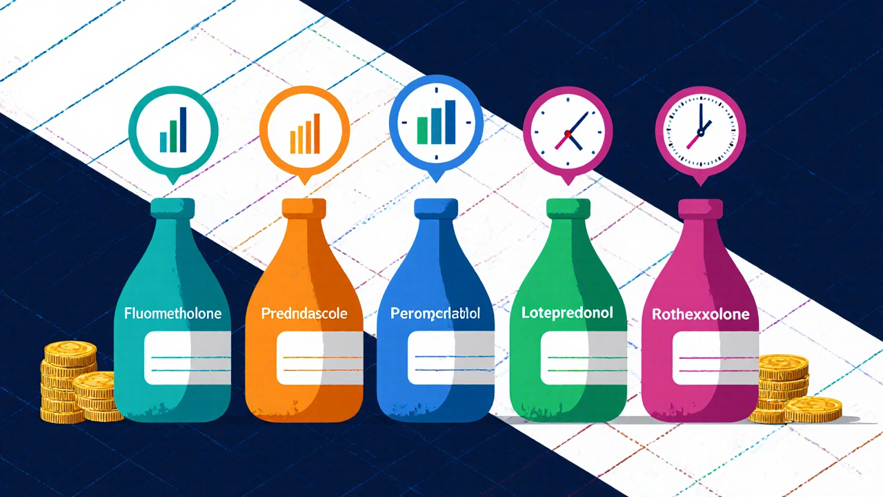 Five geometric eye‑drop bottles with icons showing potency, dosage, pressure risk and cost.