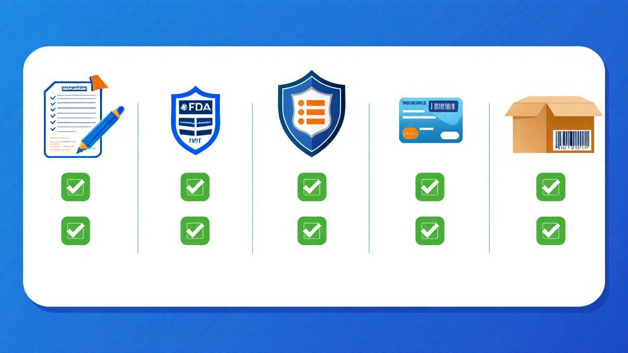 Flat icons of prescription, FDA badge, privacy, price comparison, shipping box, insurance.
