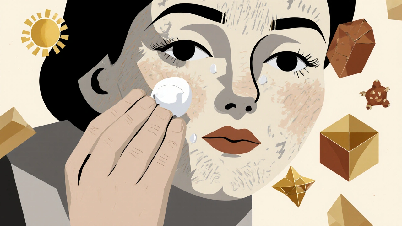 Hand applying adapalene onto a geometric facial map with protective sunlight and shield icons.