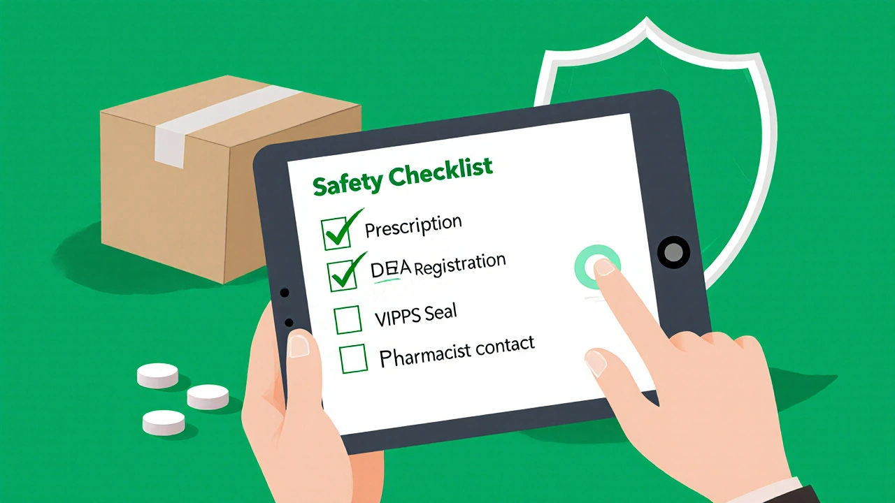 Hand holding a tablet device displaying a checklist of safety steps before purchasing lorazepam online.