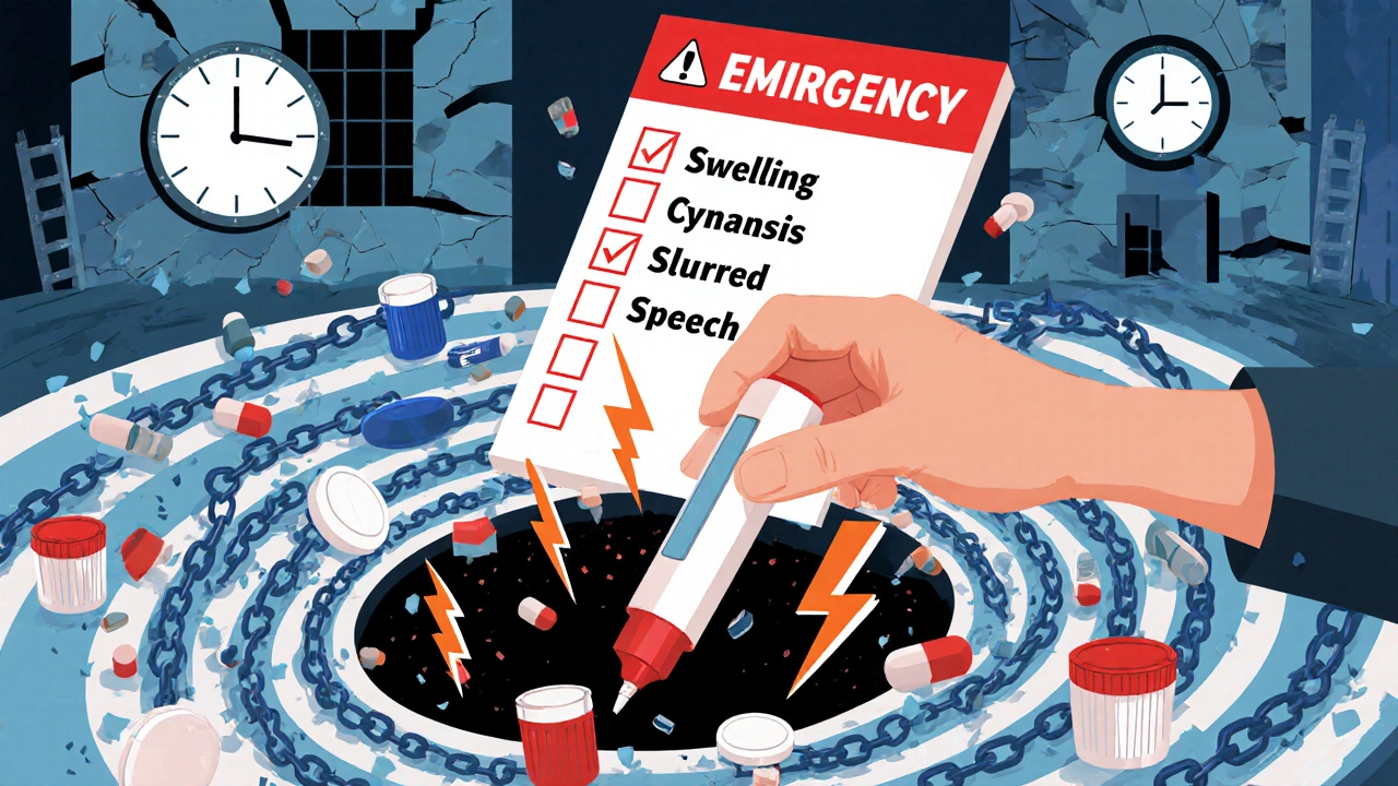 Hand reaching for EpiPen as pills and drug symbols collapse into a black hole below.