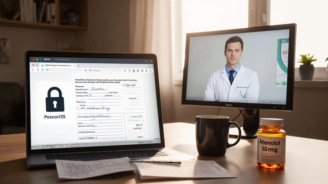 Home office desk showing secure website, prescription, and pharmacist reviewing atenolol order.