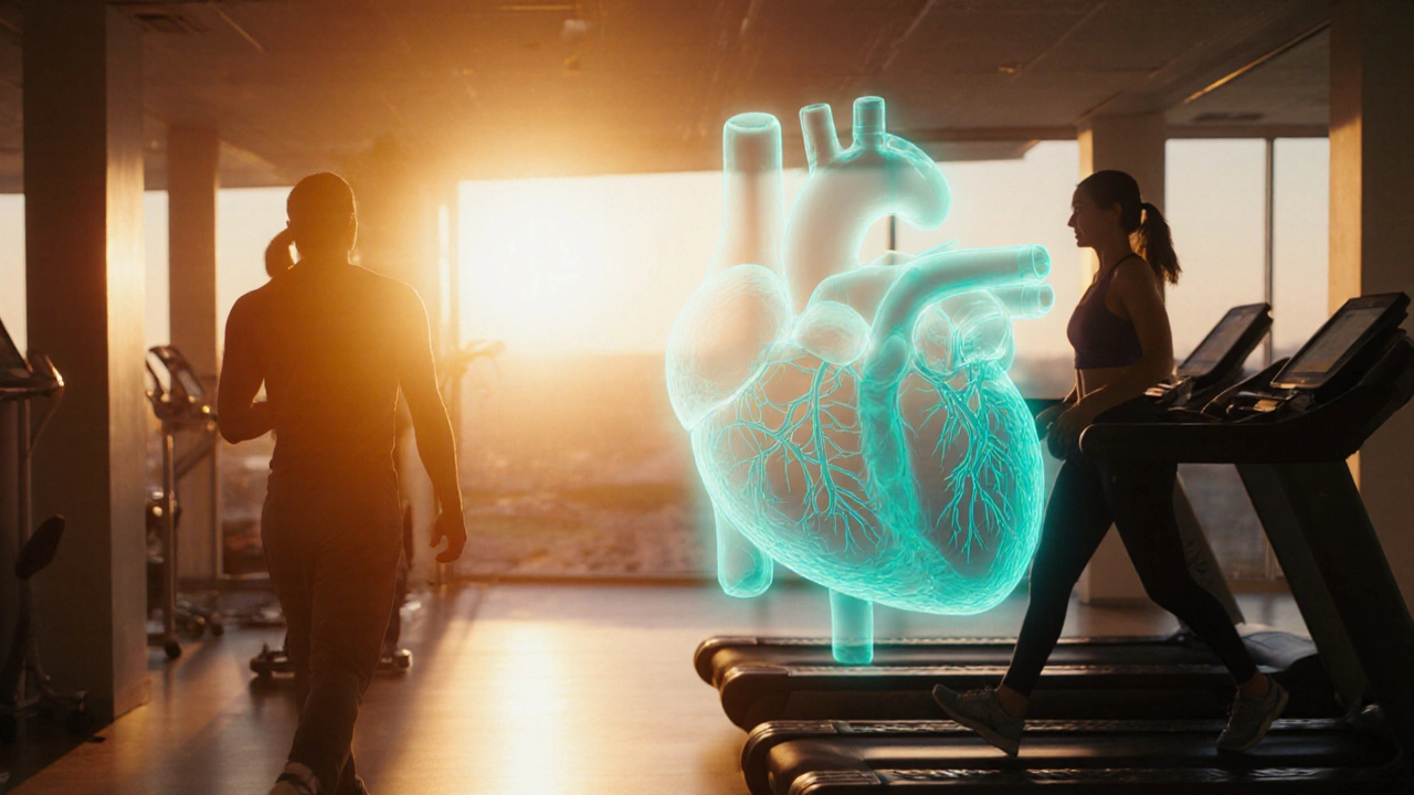 Hopeful scene of an open heart artery and a person exercising in rehab.