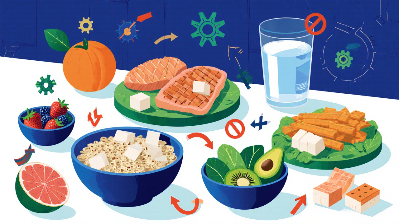 Illustration of balanced foods with icons showing allowed and avoided items.