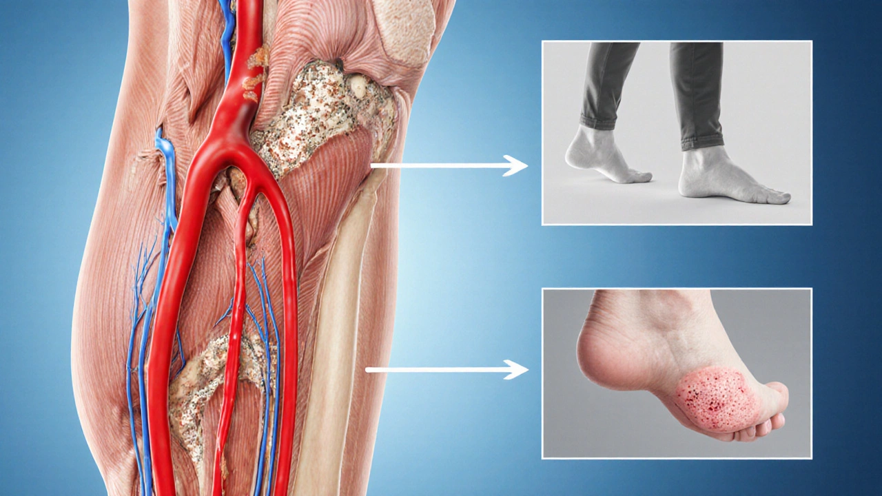 Illustration of narrowed leg artery with calf pain symptoms highlighted.