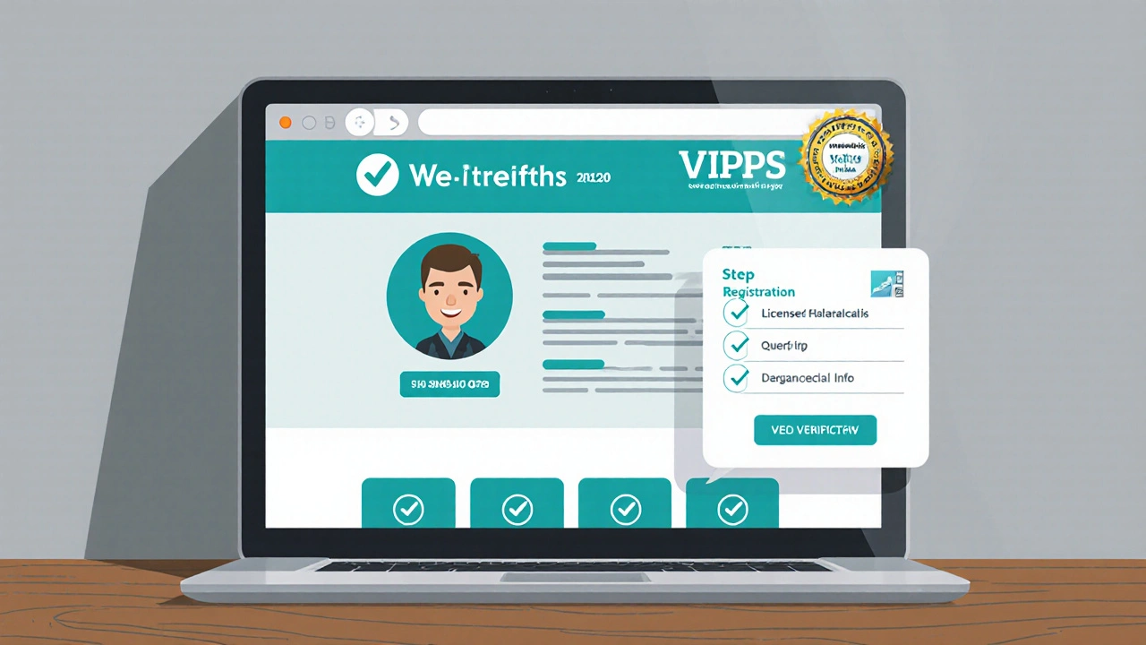 Laptop screen showing a verified online pharmacy page with DEA number, pharmacist contact, and VIPPS seal highlighted.