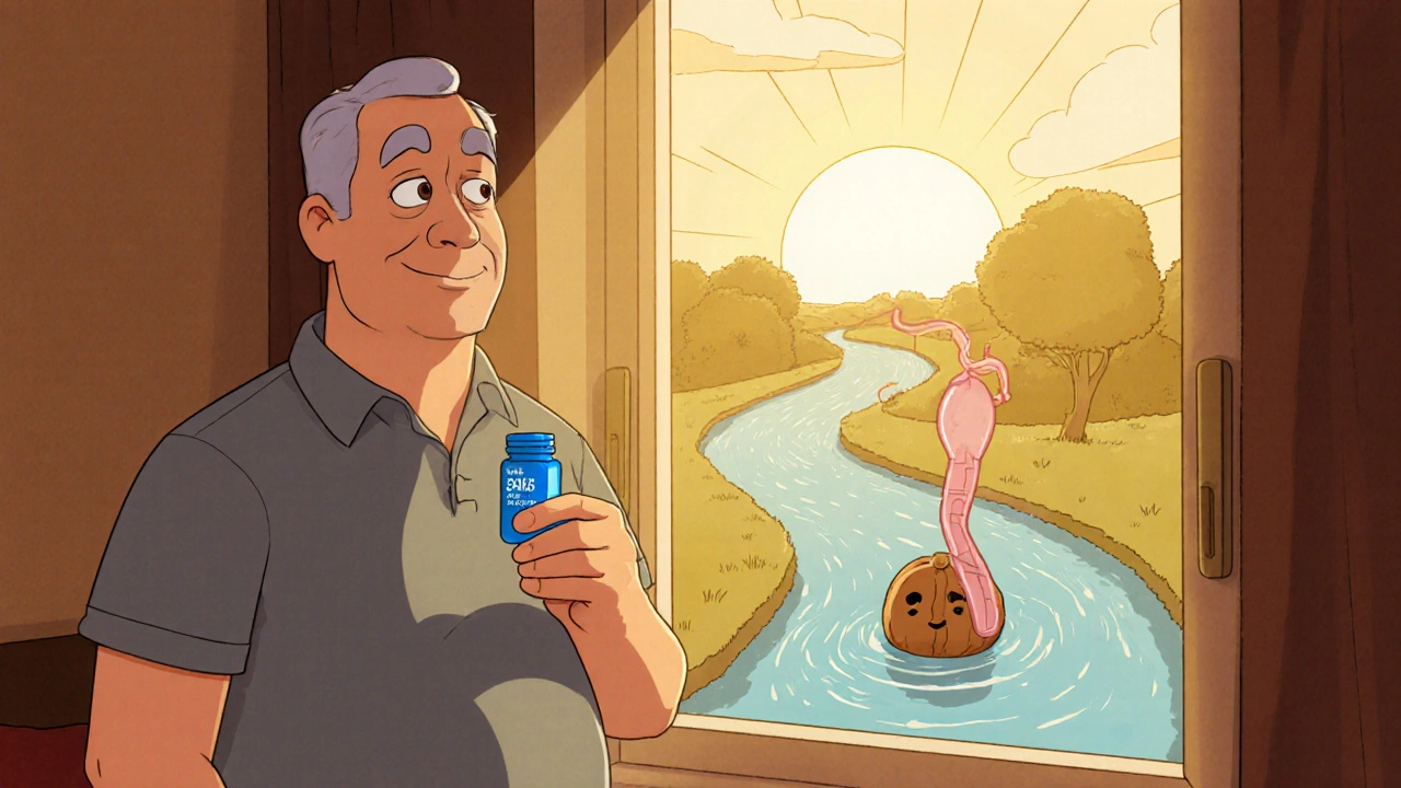 Man feels urinary relief after daily sildenafil, shown as smooth river flow.