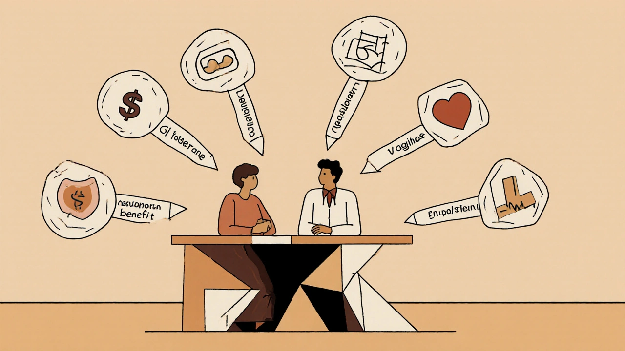 Patient and doctor discussing medication choices with visual cues for cost, GI tolerance, and heart benefits.