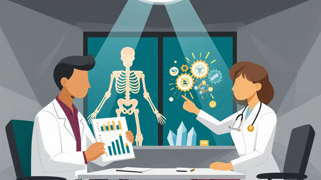 Patient meeting doctor and dietitian with stylized lab charts and bone health symbols.