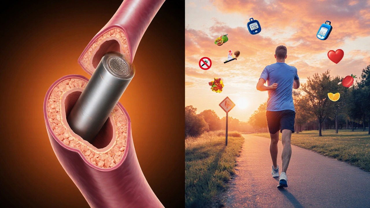 Patient walking after angioplasty, surrounded by healthy lifestyle symbols.