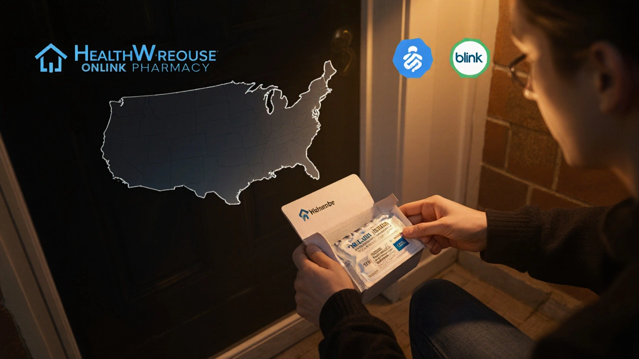 Person opens delivery box with Wellbutrin tablets in front of US map with pharmacy logos.