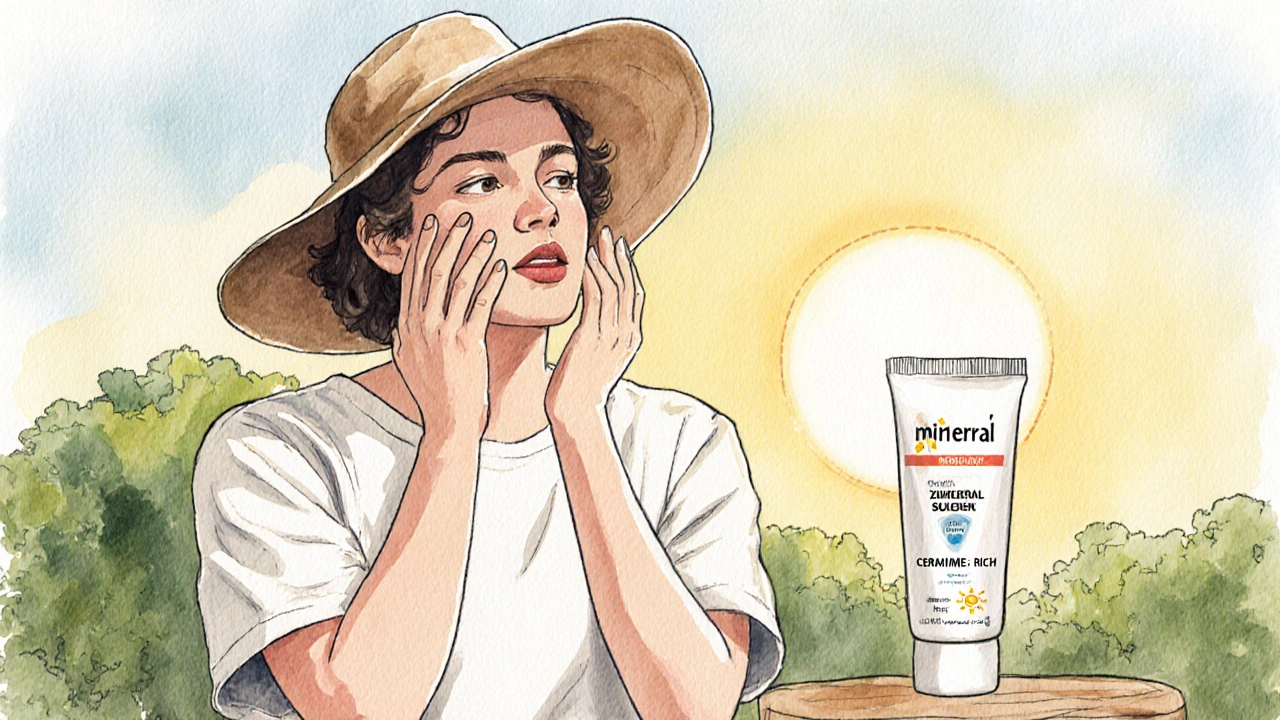 Person wearing protective clothing and applying mineral sunscreen with moisturizer nearby.
