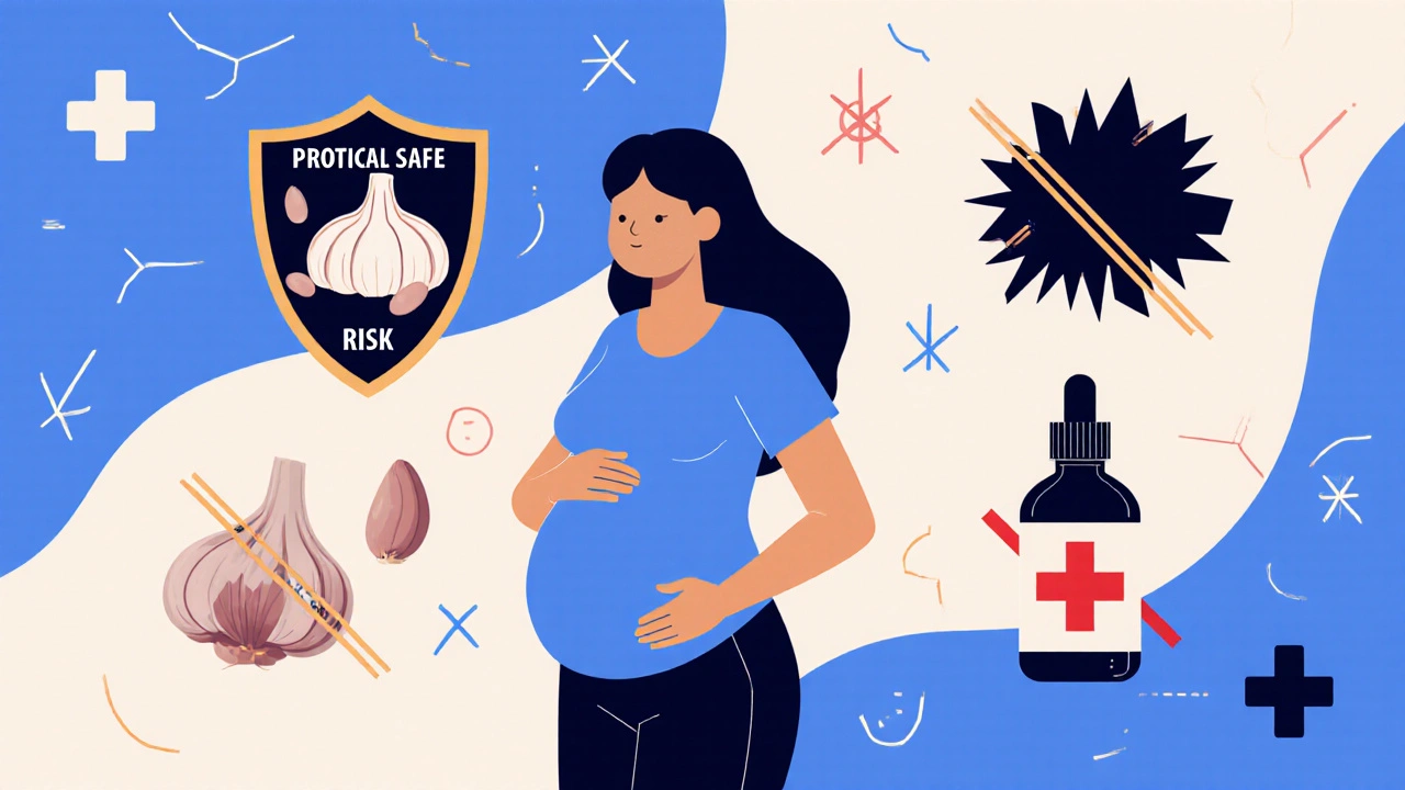 Pregnant woman protected by geometric shields, with probiotics nearby and banned natural remedies marked with crosses.