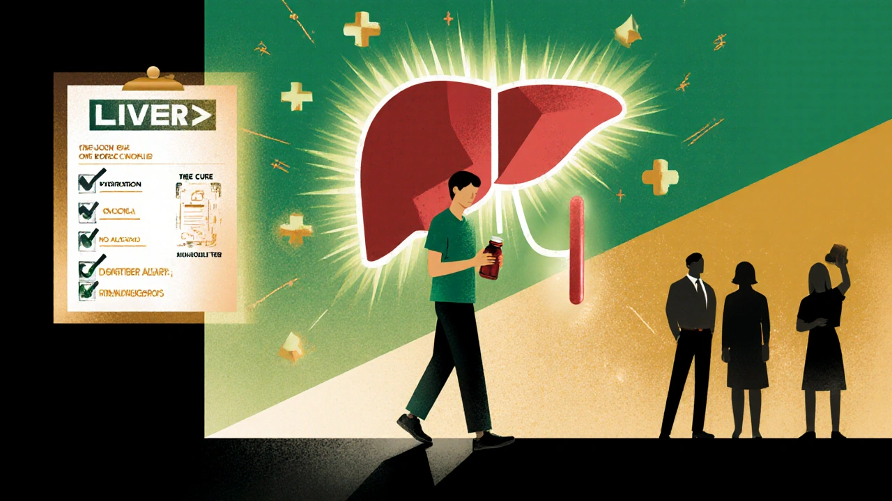 Recovered patient exits clinic with healthy liver illustration and icons of post‑treatment tips.