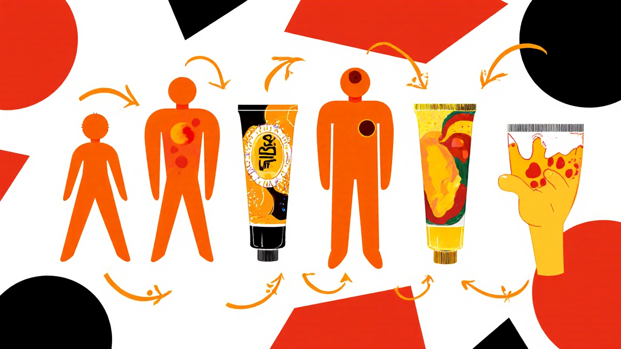 Silhouettes of infection scenarios linked by arrows to appropriate ointment tubes in constructivist illustration.