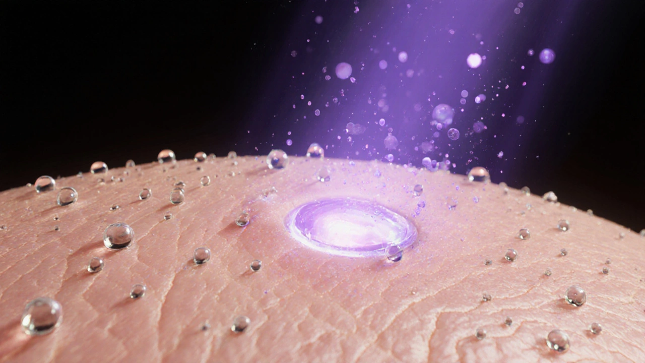 Skin surface with chemicals glowing under UV light, illustrating phototoxic reaction.