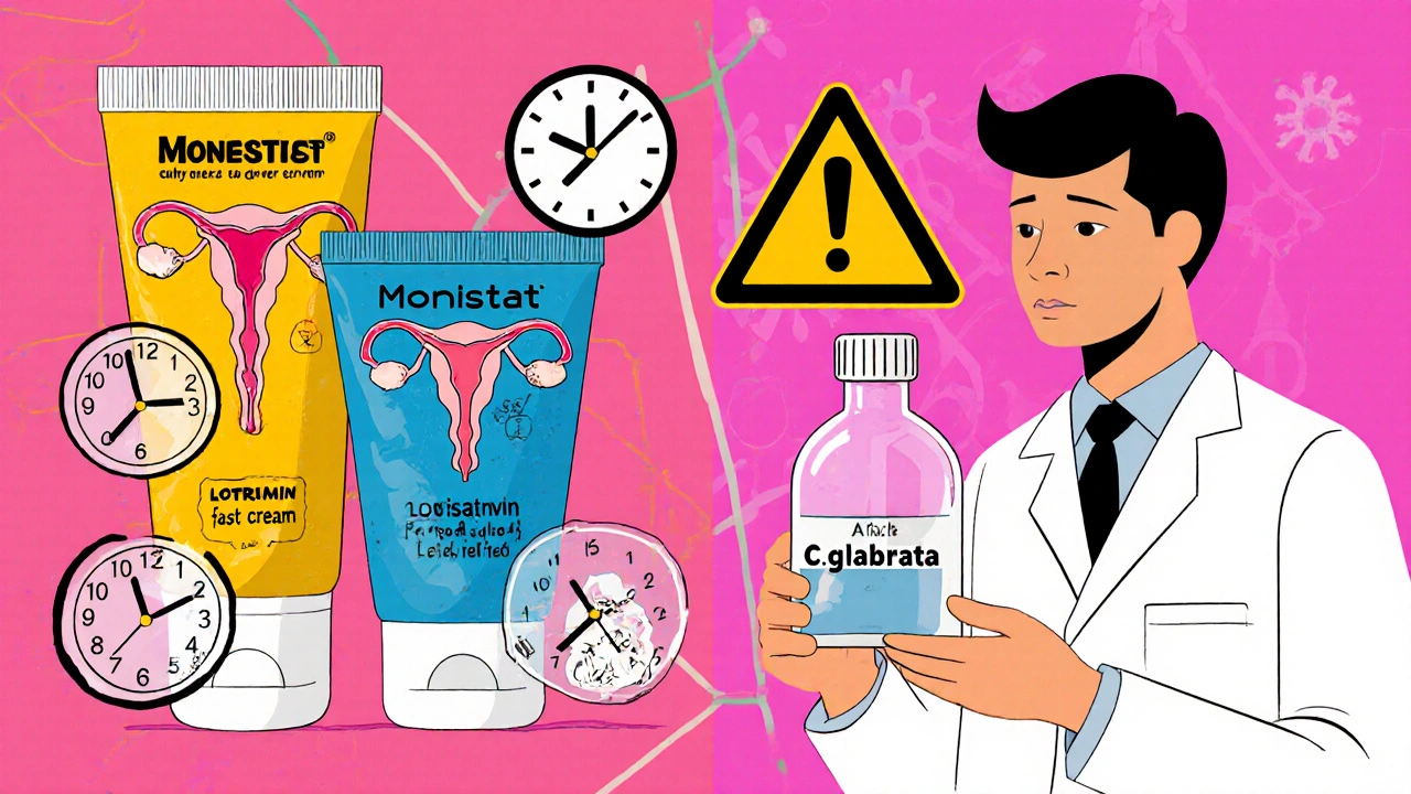 Split illustration comparing OTC creams and lab-tested resistant yeast with bold industrial design.