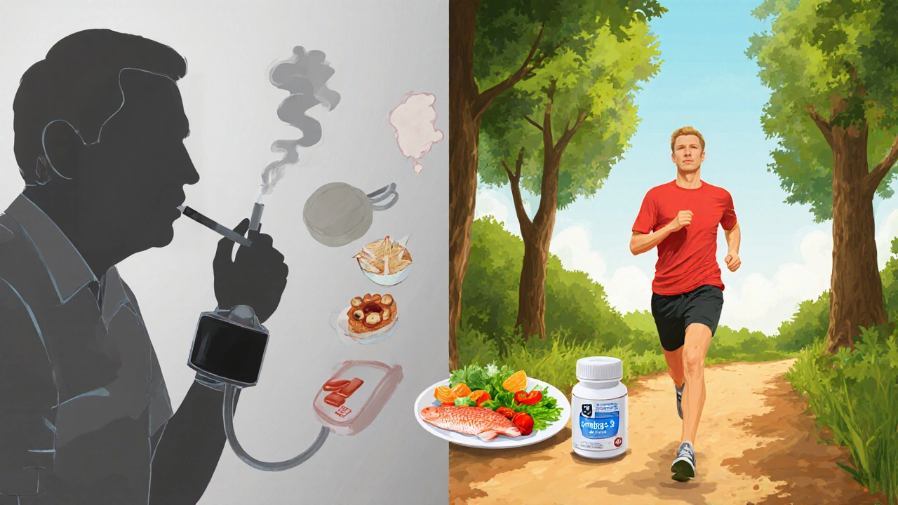 Split illustration contrasting smoking, high blood pressure with jogging and healthy food.