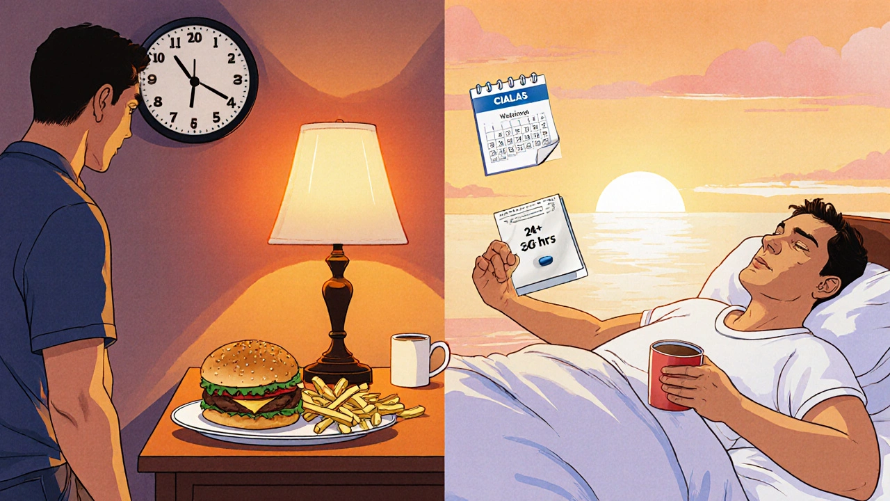 Split illustration showing a man planning a date with a clock and burger, and a weekend sunrise with a calendar.
