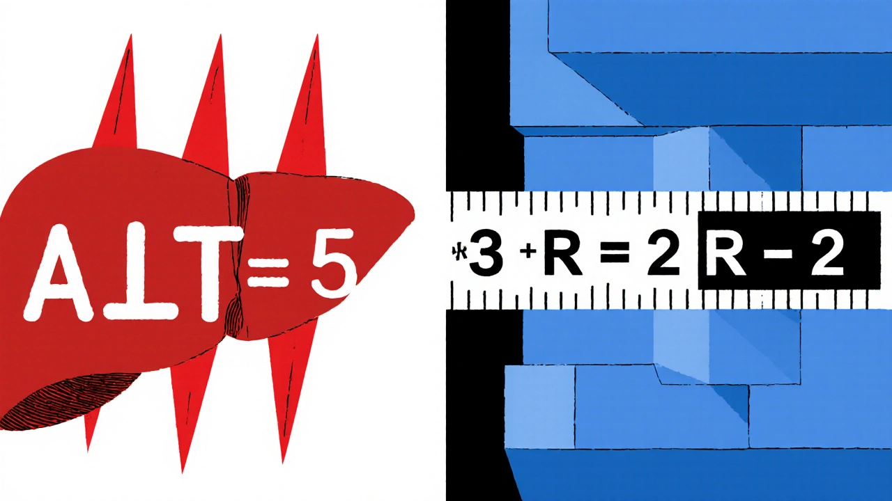 Split illustration shows red ALT spikes for hepatitis and blue ALP blocks for cholestasis with R‑Ratio formula.