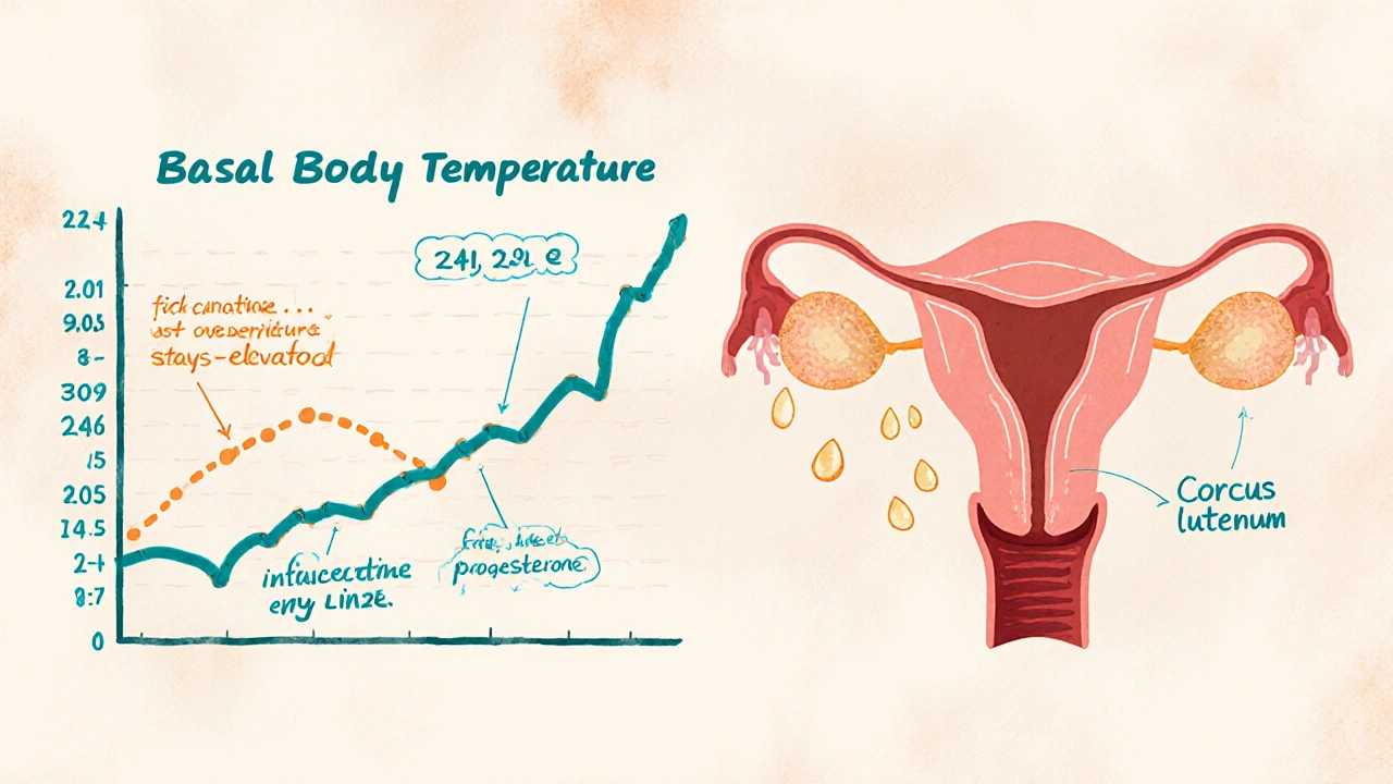Temperature chart beside a uterus illustration showing corpus luteum and implantation.