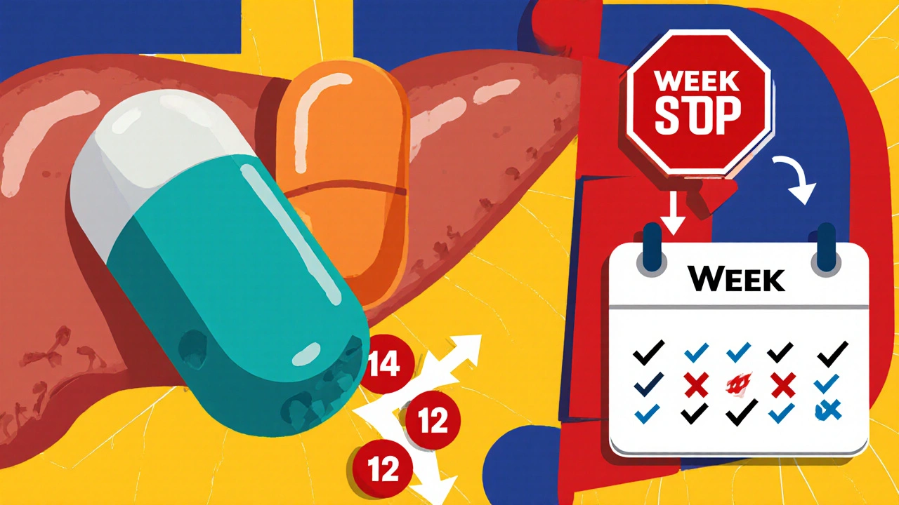 Three-panel board showing Daclatasvir and Sofosbuvir pills, halted virus replication, and treatment calendar.