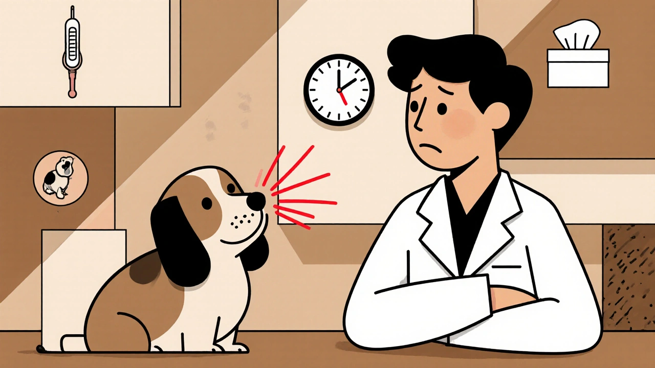 Vet watching a sneezing dog in a stylized clinic.