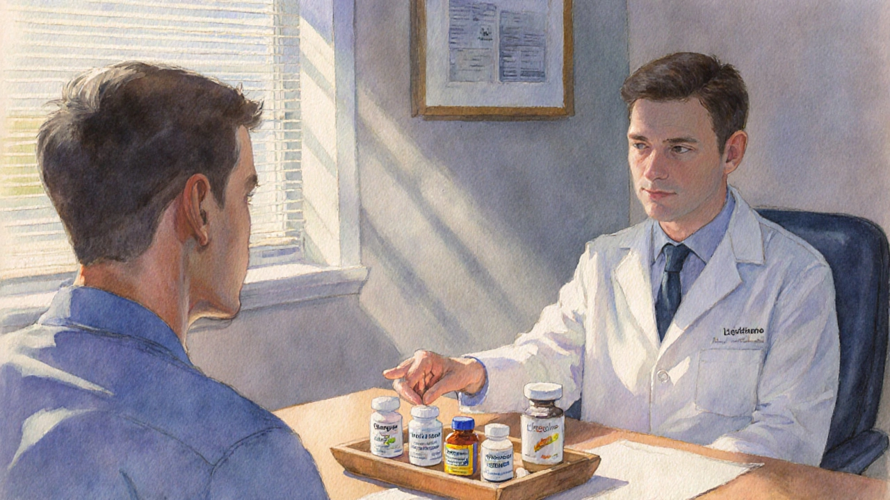Watercolor of a doctor advising a patient with a tray of different ED medication tablets.