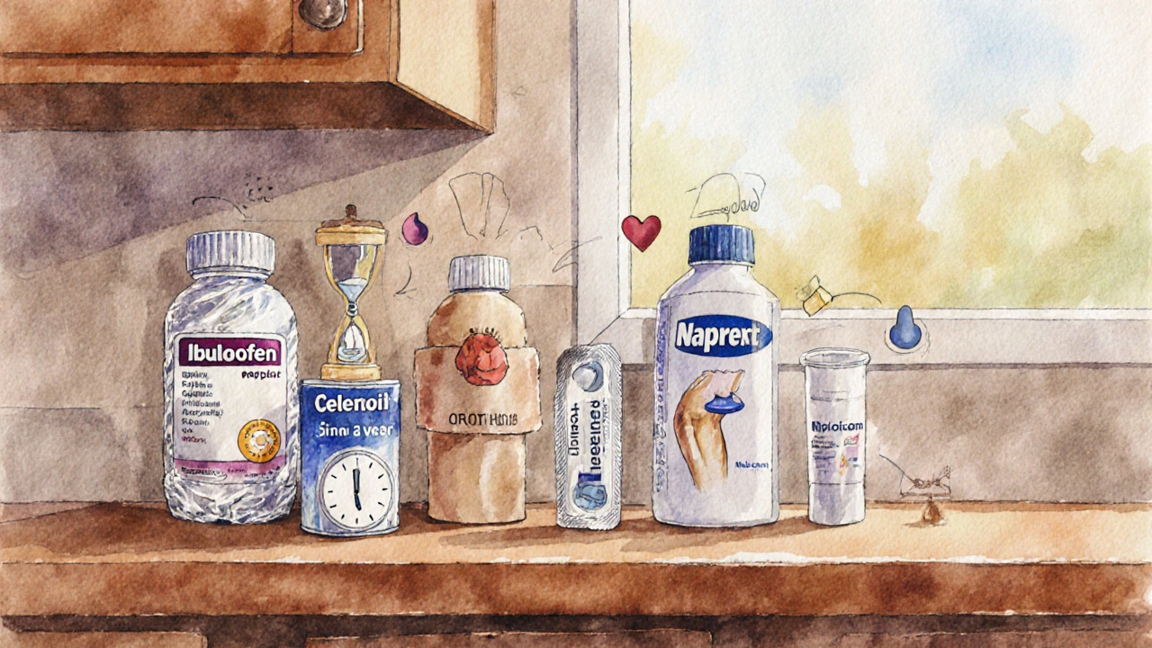 Watercolor scene of assorted NSAID bottles and gel on a kitchen counter.