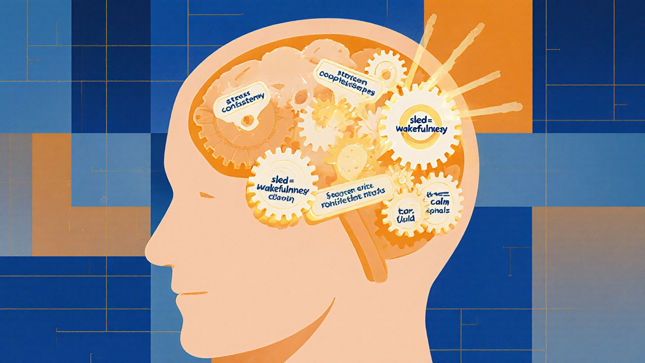 A brain as a clockwork mechanism, with anxious gears stopping and calm, warm gears engaging, set against geometric grids.
