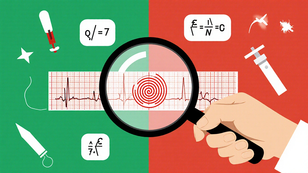 A clinician examining an ECG where Torsades de Pointes emerges from the waveform, with QT formulas floating nearby.