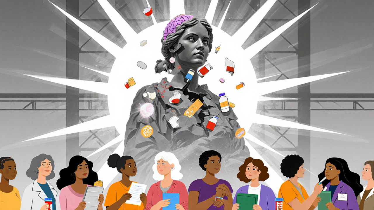 A crumbling medical statue falls as diverse women unite with tools of healing, symbolizing empowerment beyond pharmaceuticals.