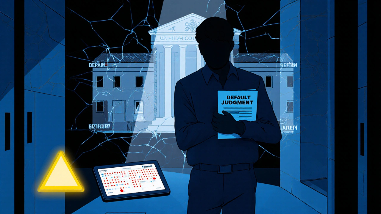 A defendant in shadow faces a default judgment notice, while a hologram of a UK court beams through cracked international walls.