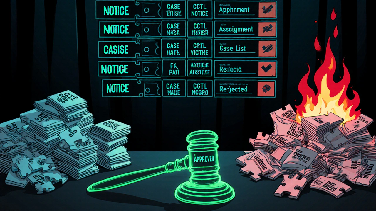 A floating blockchain ledger in court with judge&#039;s gavel made of puzzle pieces, approved documents glowing green, rejected ones burning.