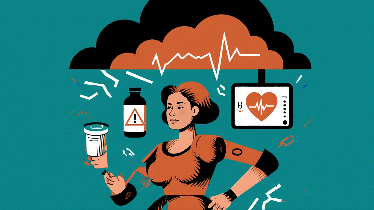 A fragmented elderly woman made of medical symbols, representing risk factors for QT prolongation.