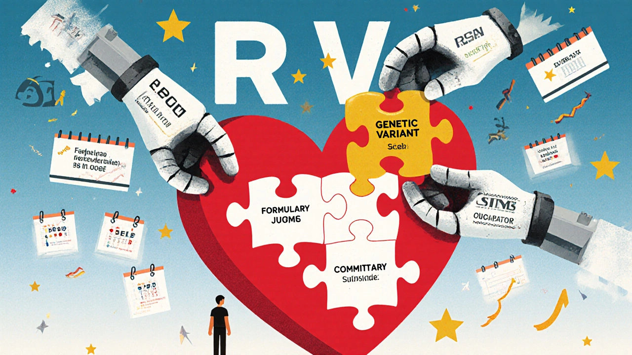 A heart made of drug puzzle pieces being reassembled by mechanical hands and AI.